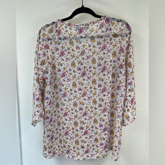 Decree sheer 3/4 sleeve floral blouse, super feminine, ruffles, tie, size XL - Picture 9 of 11